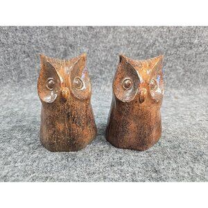 2 Vintage Resin Wood Owl Statues Brown 5 Inches Set